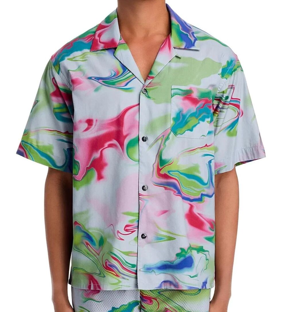JOHN ELLIOTT Camp Shirt Mens Size 5 XXL Grey Watercolor Swirl Celestial $298